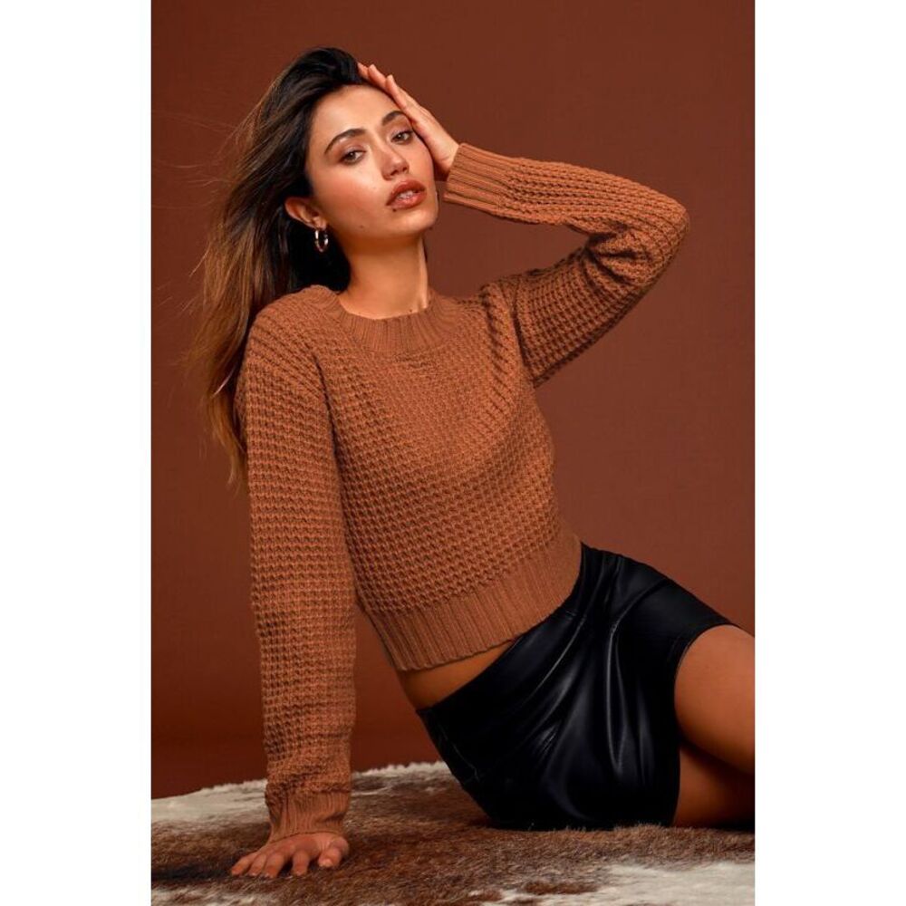 Lulus Campfire Cozy Brick Red Cropped Sweater - Size M